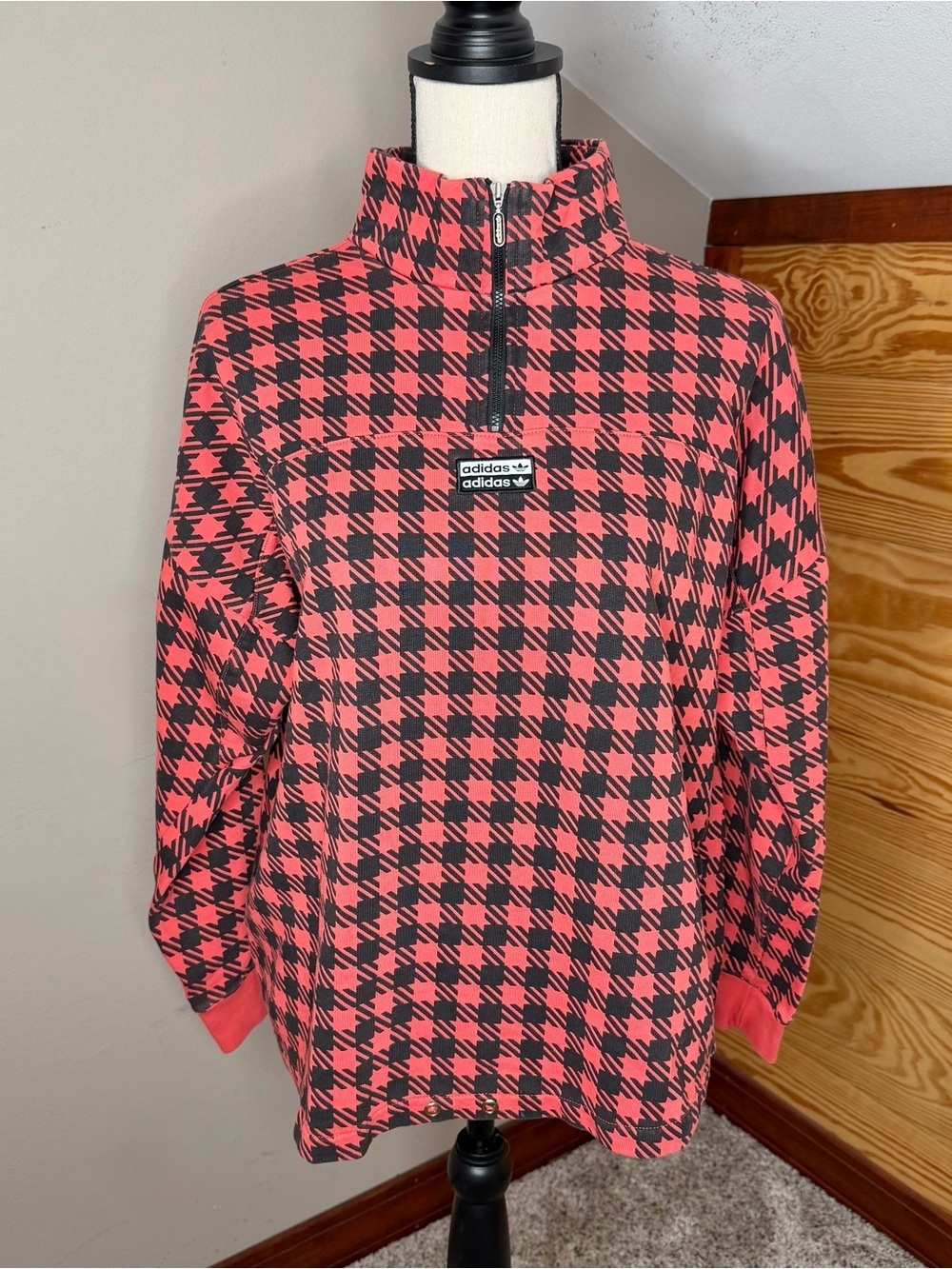 Adidas R.Y.V Houndstooth 1/2 Zip Pullover Sweatshirt Red Black Small Long Sleeve